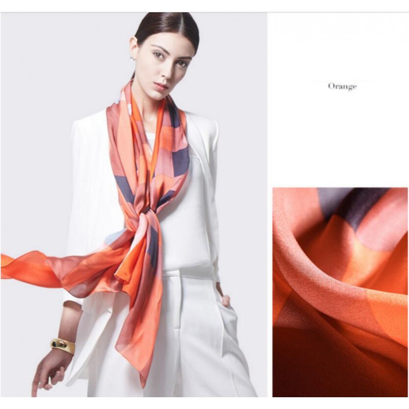 Pure Silk Scarf Orange Plaid Women Summer Scarf